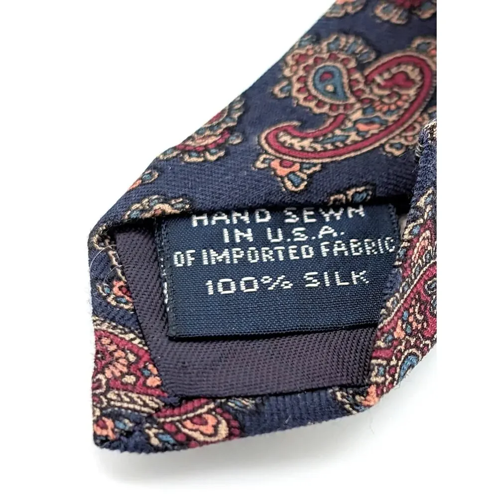 Vintage 90s Lands' End Direct Merchants Silk Tie Navy Paisley Preppy Old Money
